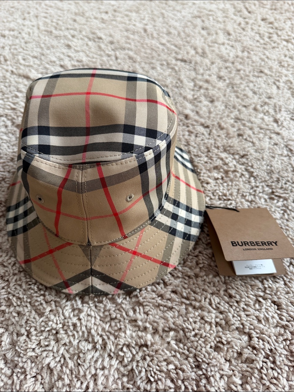 Burberry Tan Vintage Check Bucket Hat with Black & Red Stripes